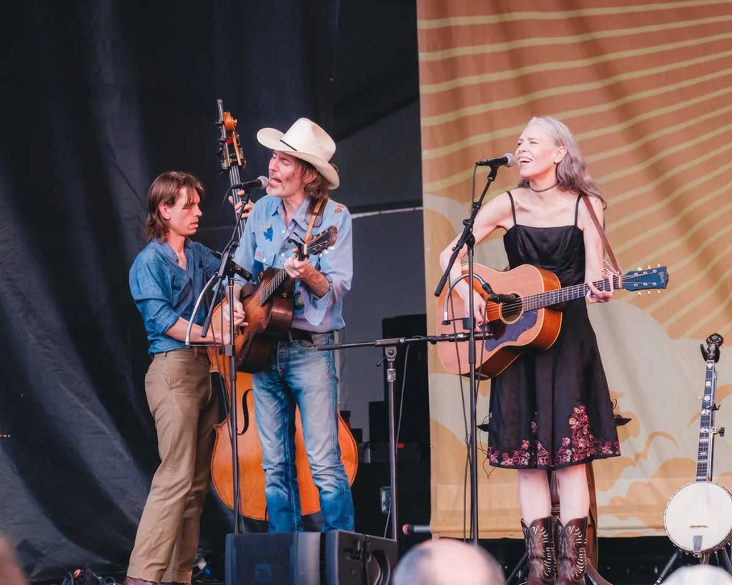 Rawlings and Welch with Paul Kowert on bass at the 2024 Newport Folk Festival. Photo: Emilio Herce